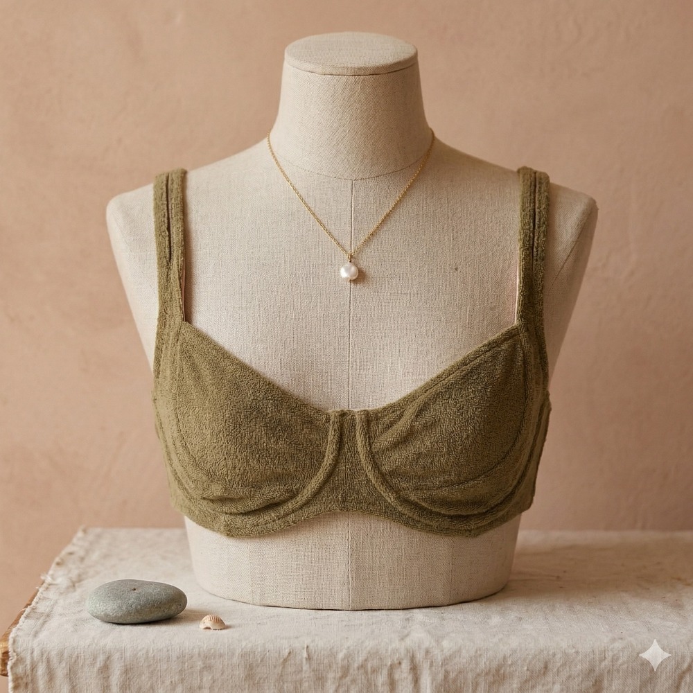 Zulu & Zephyr‎ Bikini Top Women 6 Olive Green Terry Cloth Underwire Balconette